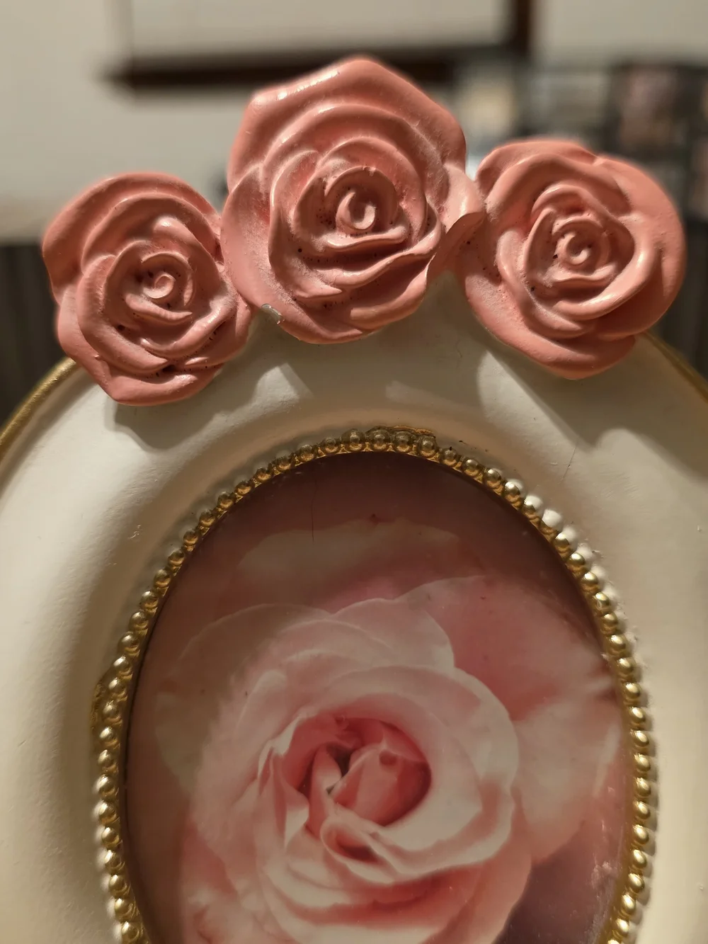 Decorative Oval Photo Frame with Pink Rose Accents - White and Pink